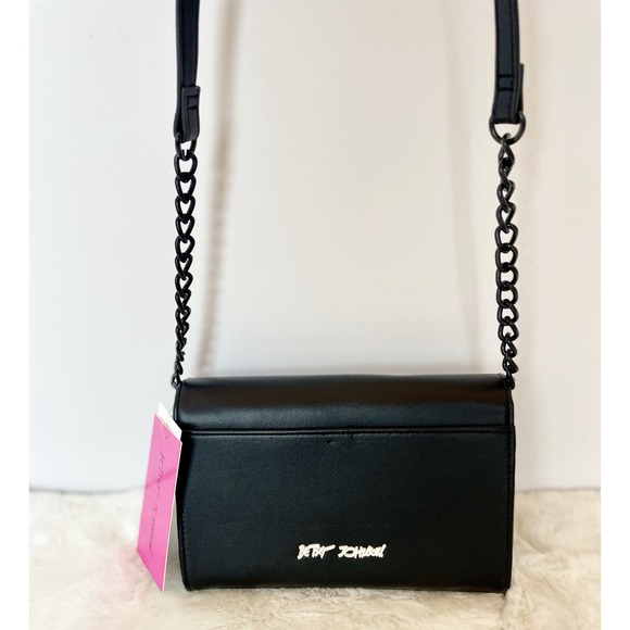 Betsey Johnson XOSYBIL Black Faux Leather Crossbody Bag White Heart Studs - Picture 3 of 11